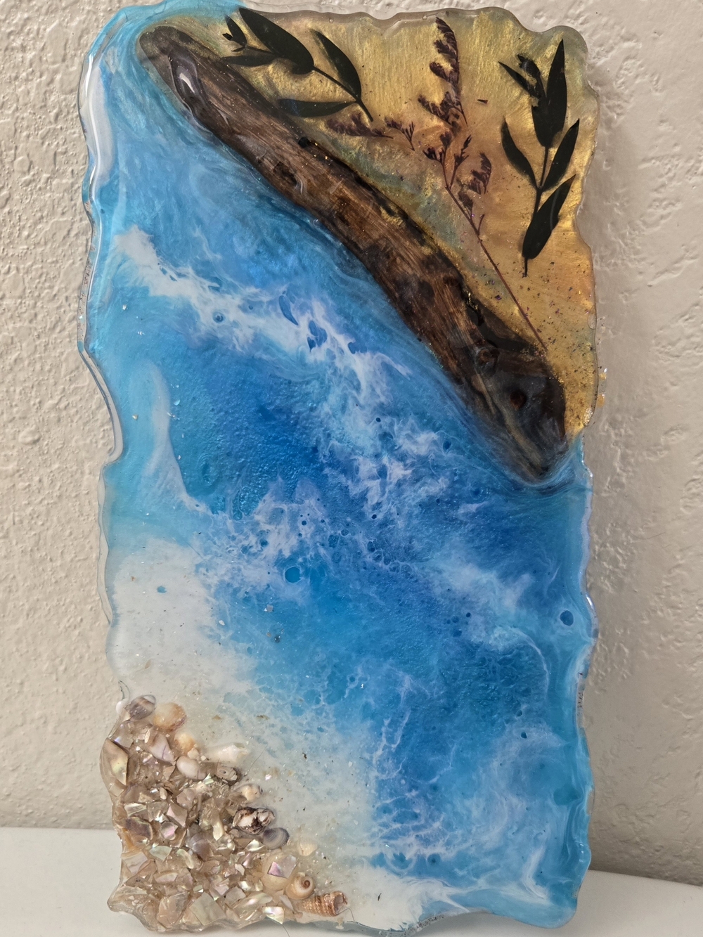 Handmade Ocean Shore Resin Wall Art - Blue & Gold